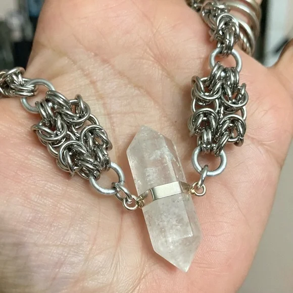 Genuine Double point clear crystal quartz maille silver boho choker necklace . - Picture 8 of 11